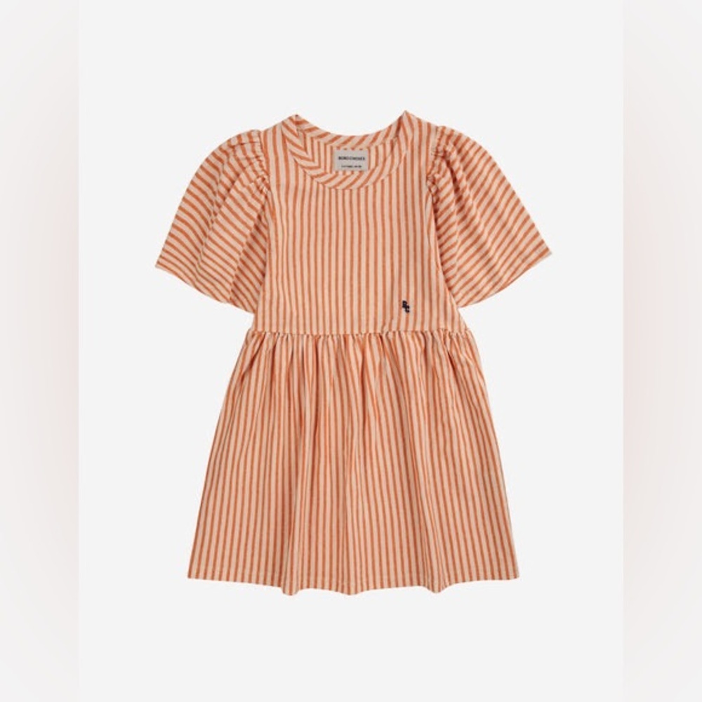 Bobo Choses, Girl’s Orange Vertical Stripes Ruffle Sleeves Dress
